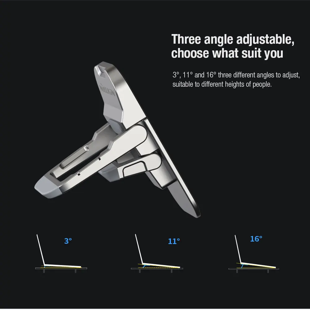NILLKIN 3/11/16° Adjustable Laptop Stand, Aerospace Aluminum Alloy Portable Holder, Anti-Shake Cooling Pad & Non-Slip Silicone