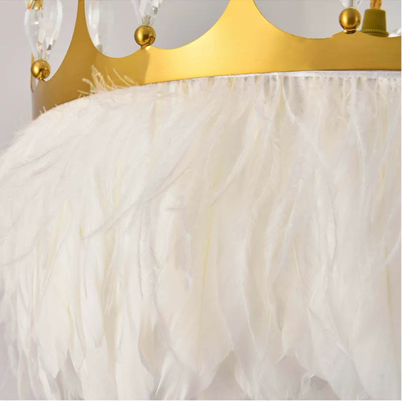 Nordic Bedroom Pendant Lights White Feather Lustre Warm Princess Kids Room Crown Chandelier Lamp Suspension Luminaire Lighting