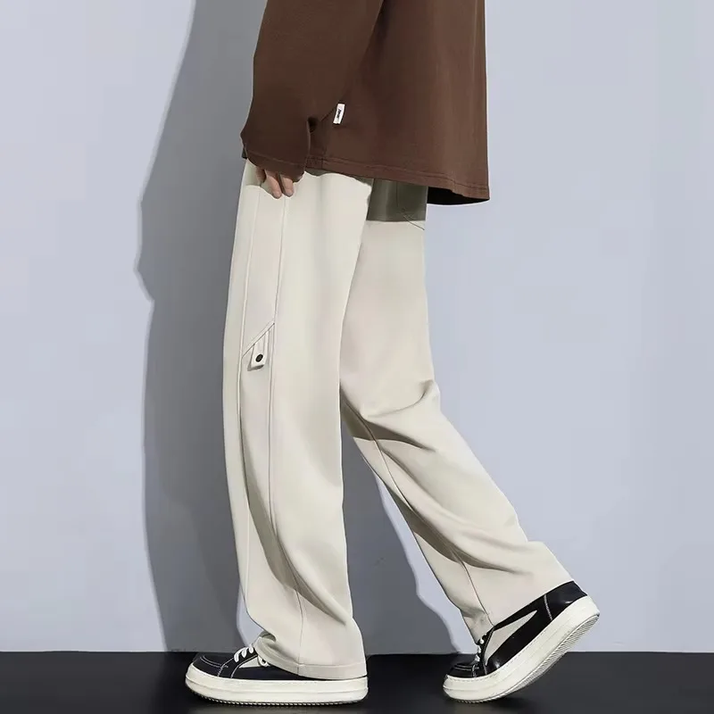 New 65% Cotton Fabric Men's Casual Pants Wide Leg Straight Loose Outdoor Sweatpants Neutral High-quality Soft  Baggy Trousers