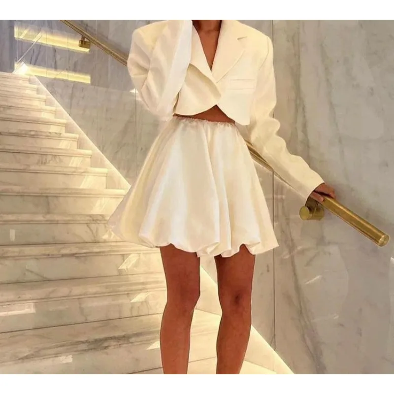 Elegant Mini Skirt for Women Summer 2026 New Fashion High Waist A-line Vintage White Balloon Casual Long Dress Female Streetwear