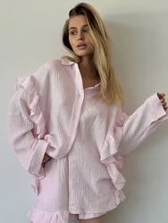 HiLoc Pink Ruffled Women Shorts Pajamas Sets Two Pieces Oversize Shirts And Wide Legs Shorts Autumn Winter 2024 Homewear Outfits