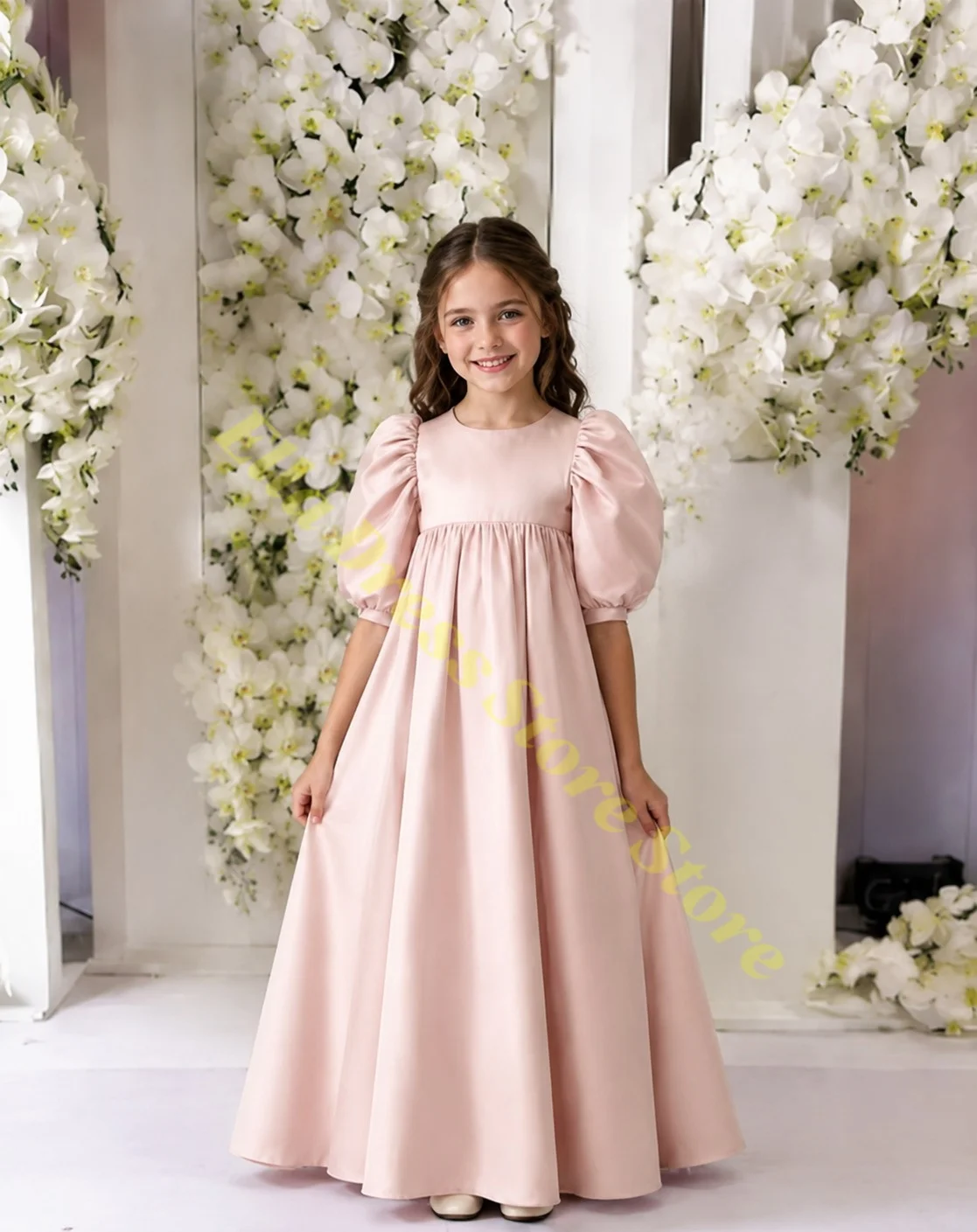 Großhandel Elegantes Blumenmädchenkleid Hochwertiger Rosa Satin Flauschige Große Schleife für Kinder Hochzeit Geburtstag Party Abendballkleider Maßanfertigung – Detail 1