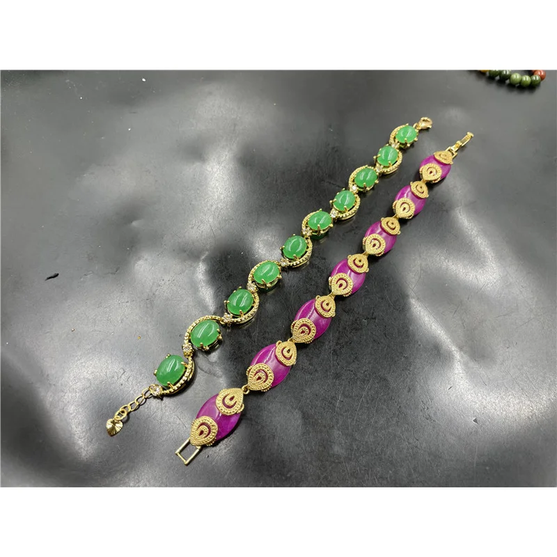 Vacuum Electroplated Inlaid Emerald Green Malay Jade Women'S Purple Pink Bracelet