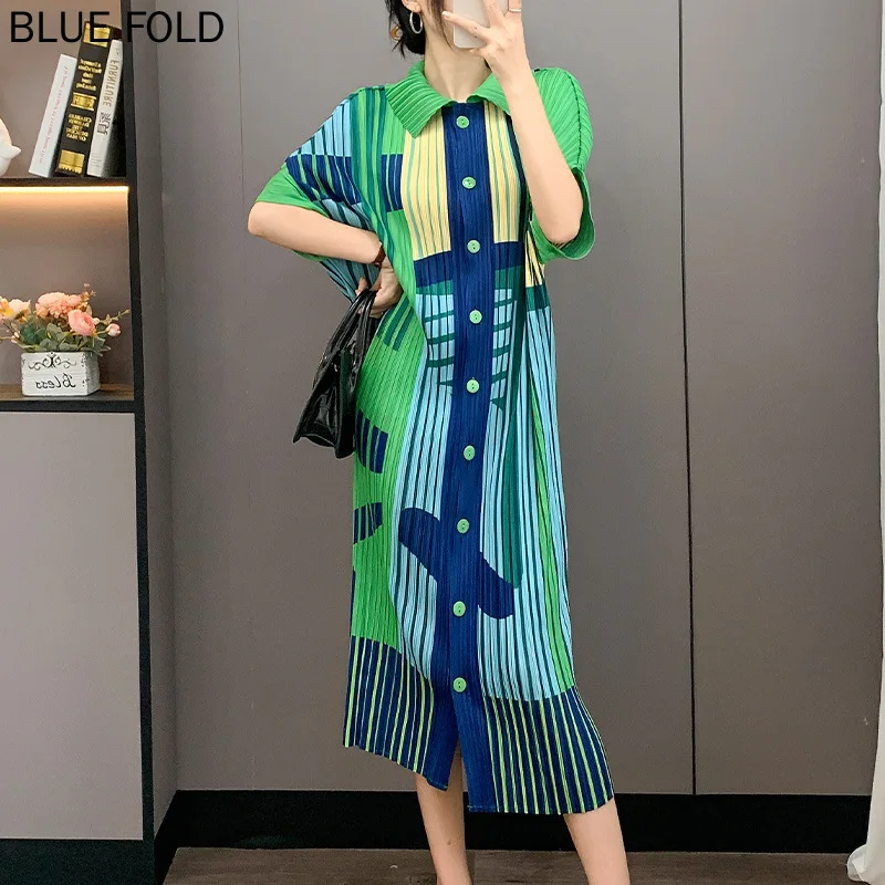 Miyake-Vestido plisado de longitud media, nuevo estilo, estampado, elegante, ajustado, cárdigan adelgazante, plisado