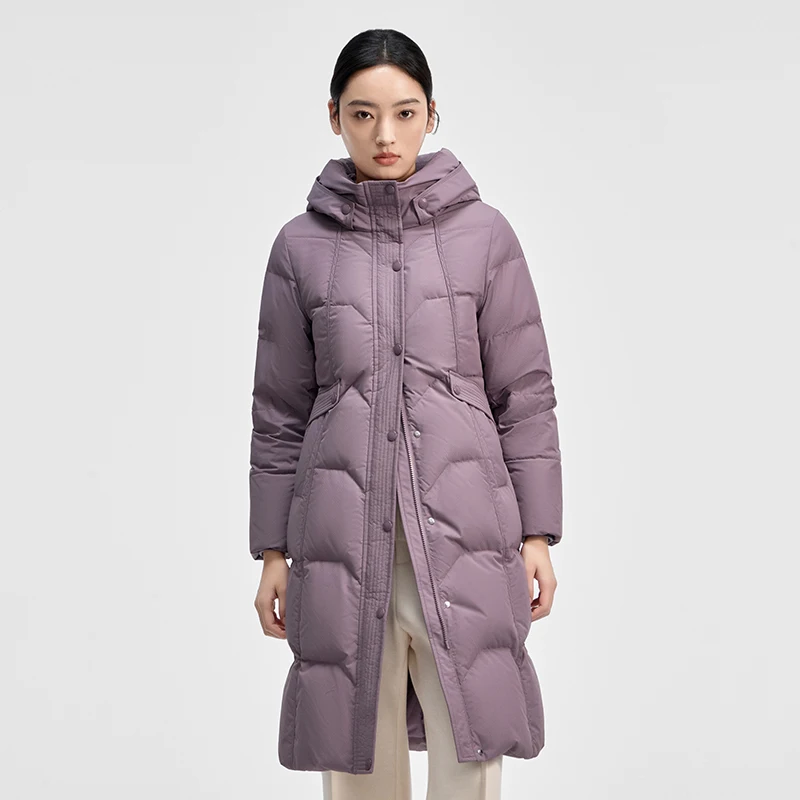 자카드 크로스 패턴의 체리콤 롱 후드 다운 재킷 양방향 지퍼 플래킷 방풍 커프스 및 사선 포켓 Y309181Y