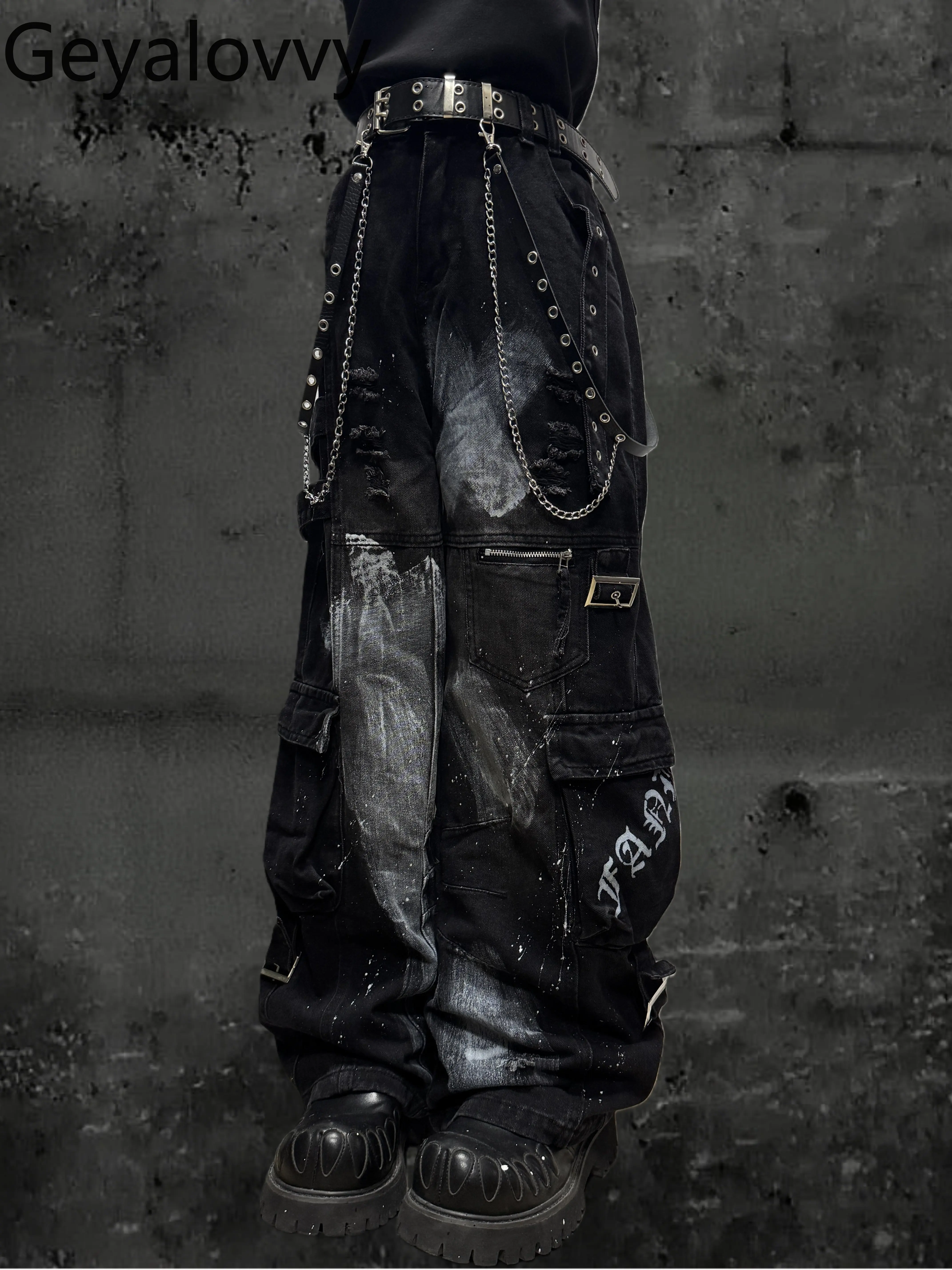 

Women's Trousers Multi-Pocket Graffiti Denim Jeans for Men and Women Wasteland High Street Style Punk Wide-Leg Cargo Pants