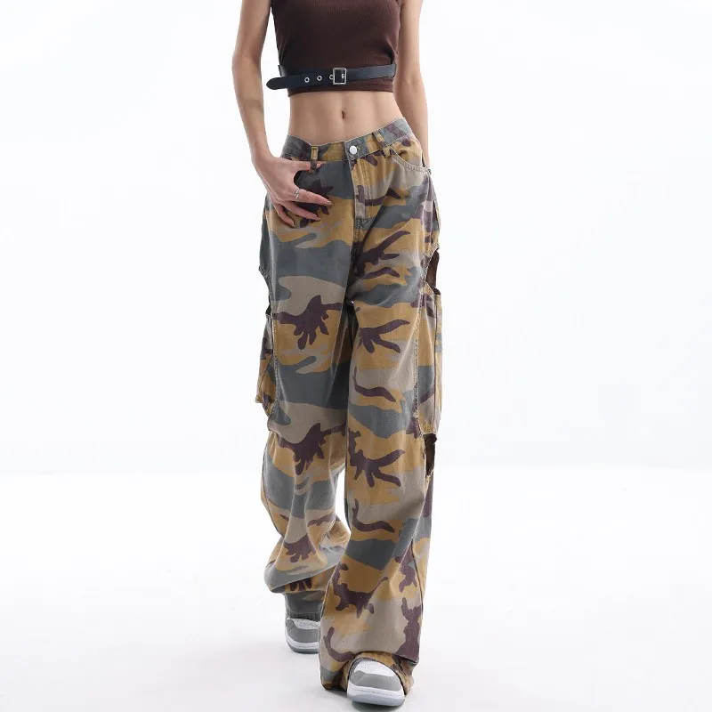 

WCFCX STUDIO Streetwear Camouflage Jeans Woman High Waist Trousers Korean Fashion Cargo Pants ArmyGreen Y2k Straight Baggy Jeans