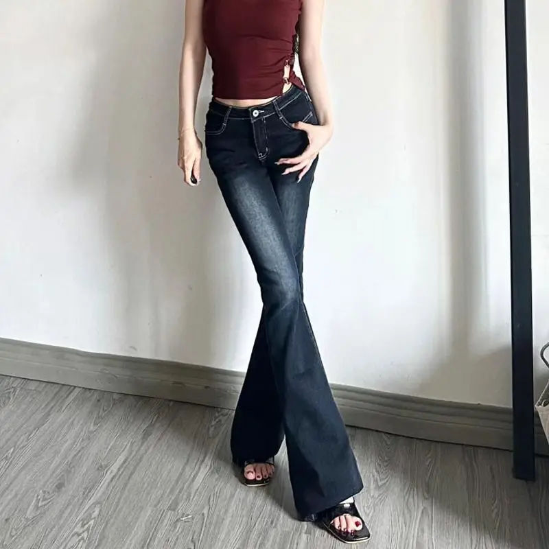 

Ретро-джинсы 2000-х годов, темно-синие, расклешенные, женские, в стиле Харадзюку, с высокой талией, облегающие, стройнящие, длинные брюки, винтажные наряды 90-х, новинка