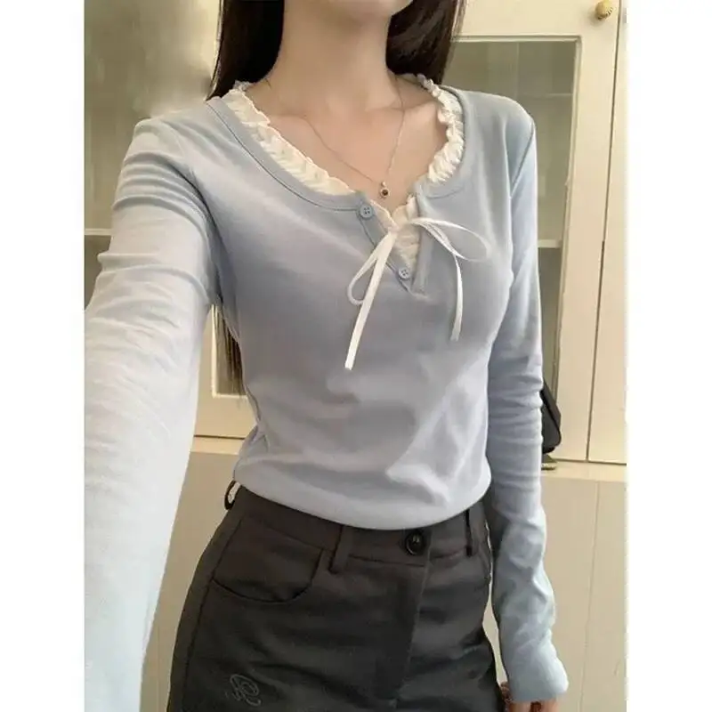 لوسيفر Y K بلوزات نسائية كلاسيكية قصيرة أنيقة مكشكشة من الدانتيل بلوزات مرقعة للخريف والشتاء بأكمام طويلة تي شيرت نسائي