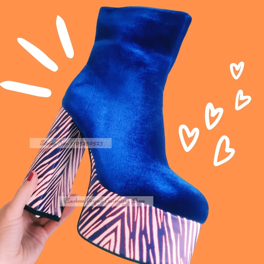 

Royal Blue Velvet Chunky Heel Ankle Boots Zebra Striped Platform Booties Color Patchwork Ultra High Heels Zipped Dress Shoes