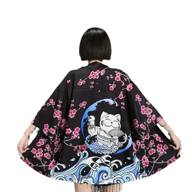 日本の男性と女性のための日本の猫のプリント着物,羽織ウタ,侍,伝統的な伝統的な服,原宿カーディガン,シャツ,コスプレ