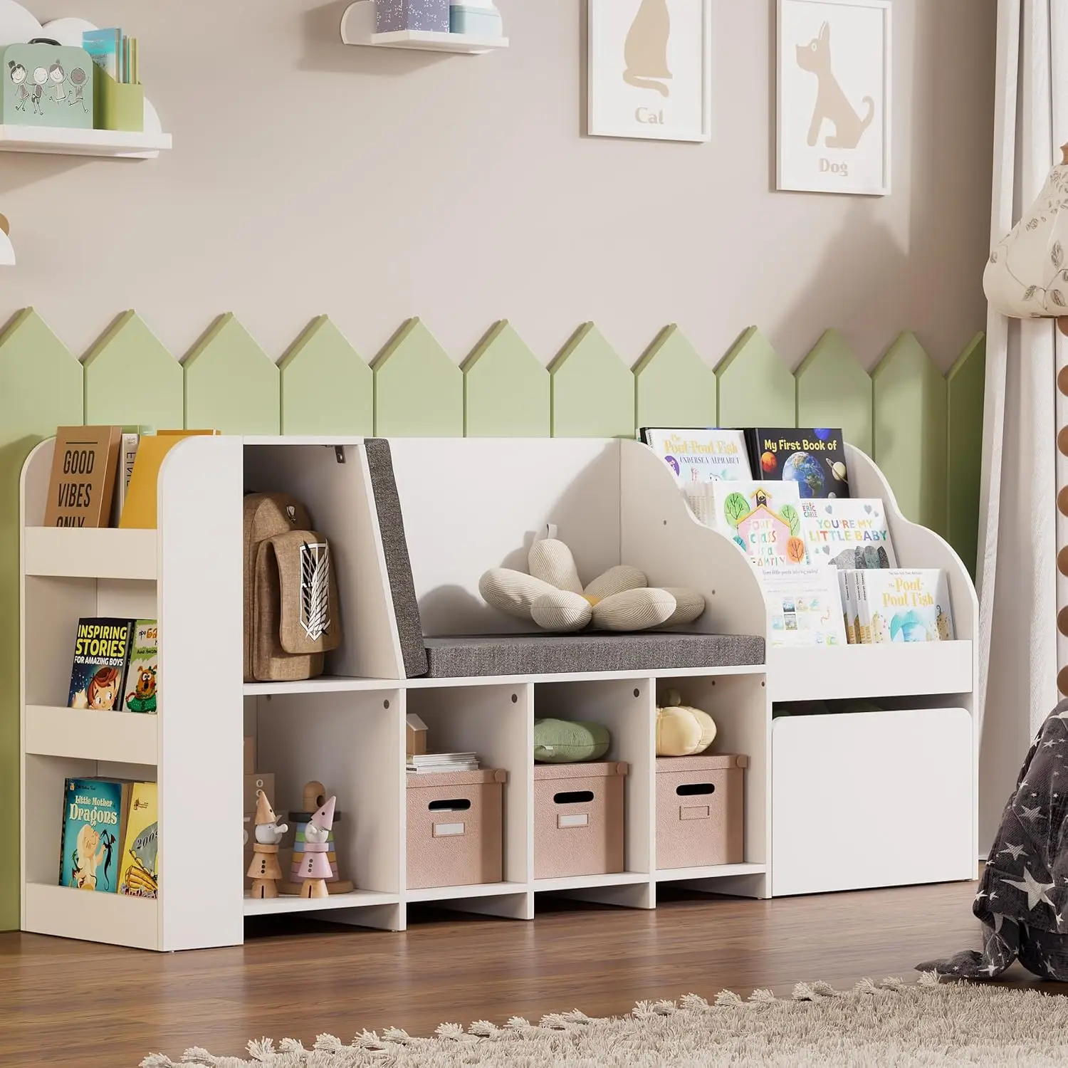 

70.9 Kids Reading Nook with Bench, Kids Bookshelf and Bookcase with Seat Cushion and 5 Storage Cubbies, Toy Storage Box on Wheel