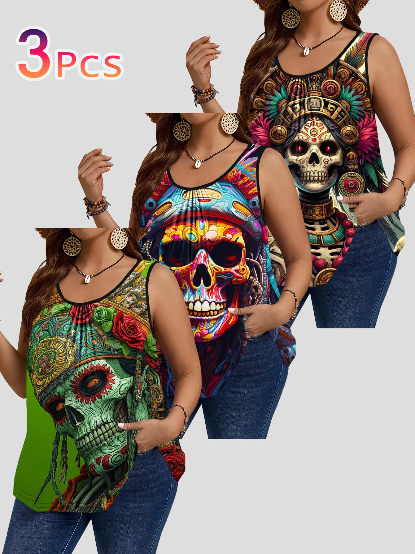 3-Piece Set of Plus-Size Sleeveless Vests｜Mayan Ethnic Style Colorful Skull and Rose Print Loose-Fitting Round-Neck Casual Outerwear Top