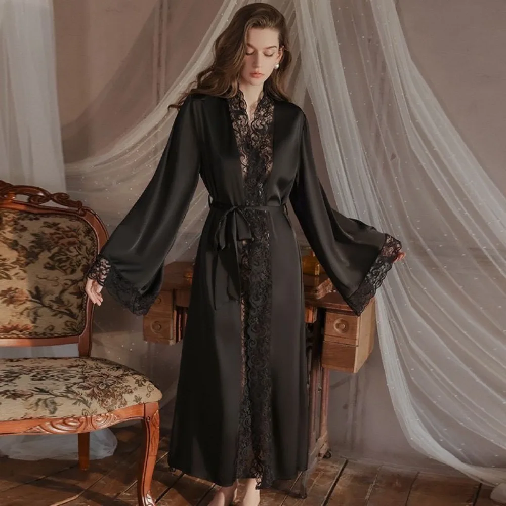 Sexy Black Faux Silk Lace Long Sleeve Robe Set Light Luxury Sleepwear Pajama Waist Belt Set Summer Home Loungewear for Women