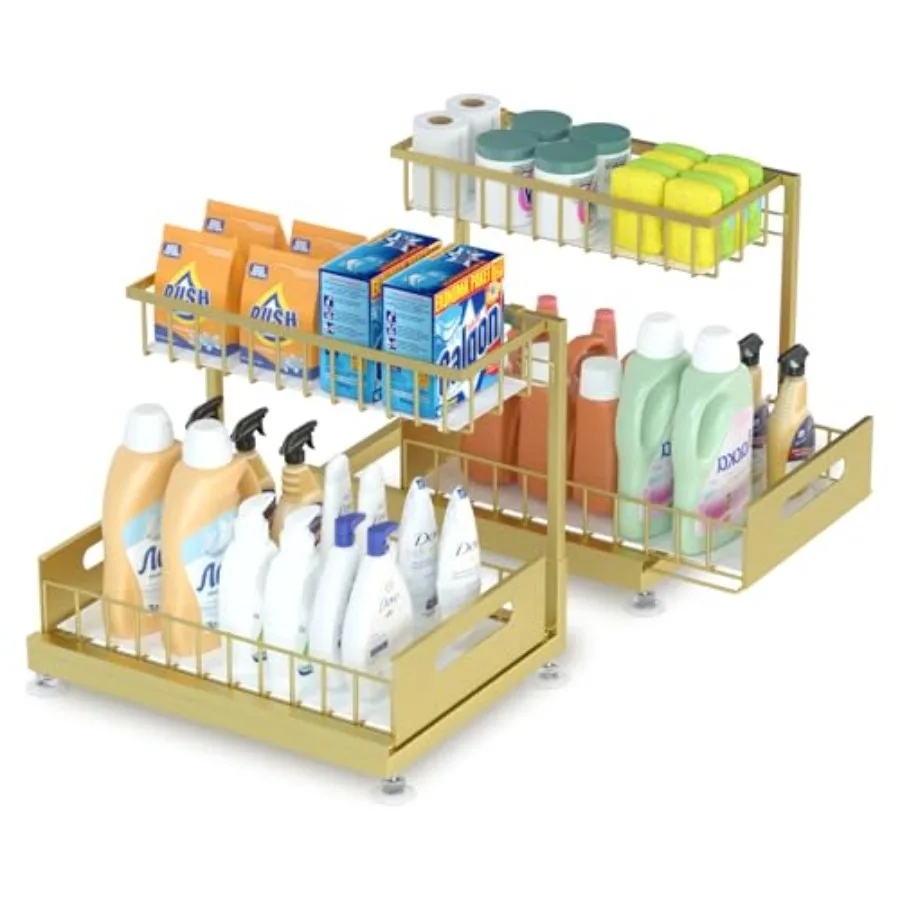 

Under Sink Organizer Storage 2-Tier Premium Metal Pull-Out Kitchen Cabinet Organizer with Sliding Drawer, Height Adjustable, He