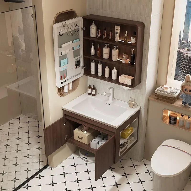 for New Chinese Style Bathroom Cabinet with Ceramic Integrated Basin and Walnut Honeycomb Aluminum Wash Basin Cabinet