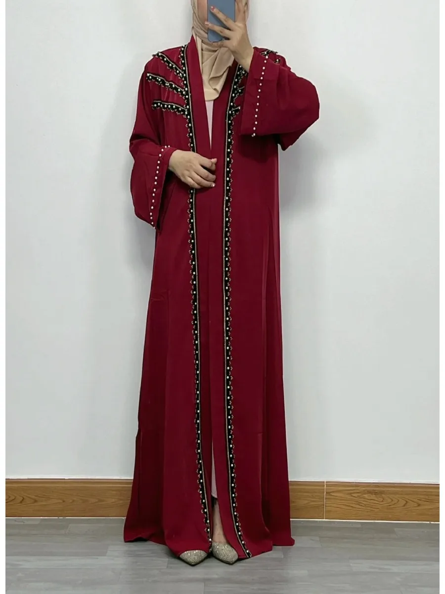 Women Eid Muslim Abaya Ramadan Morocco Dubai Cardigan Pearls Abayas Kaftan Vestidos Arab Modest Long Robe Beading Loose Belt