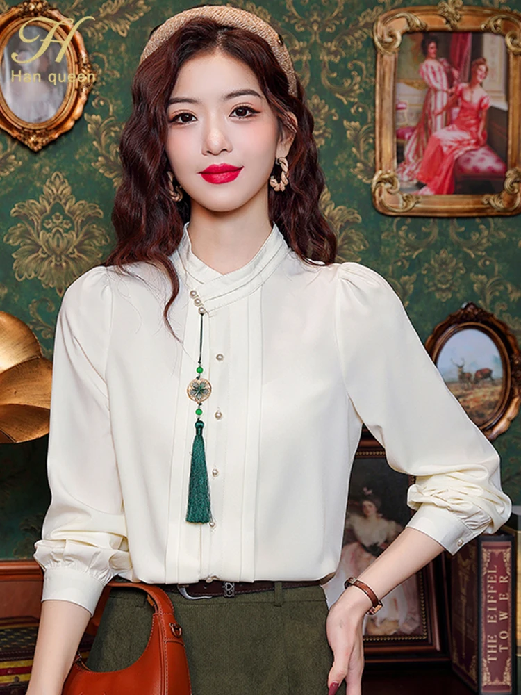 H Han Queen Elegant Blouse 2024 Autumn Chinese Style Chiffon Simple Blouse Loose Tops Long Sleeve Casual Shirt Womans Clothing