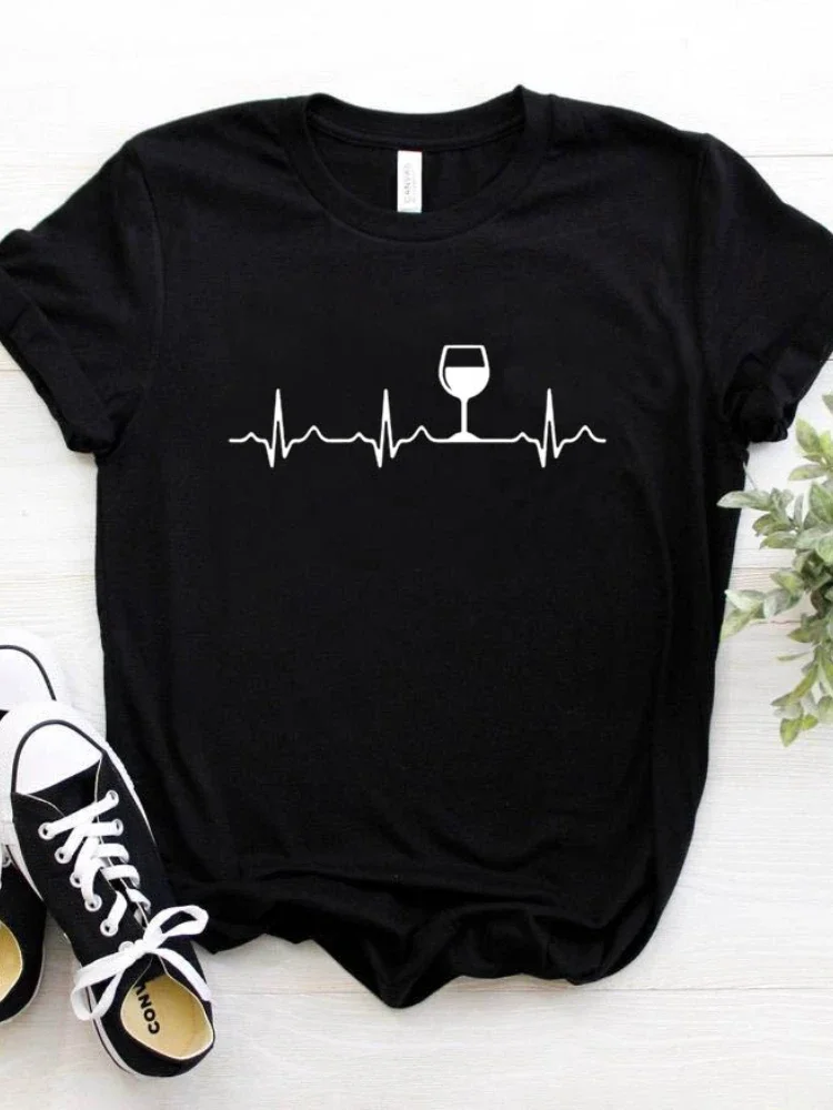 Женская футболка с принтом Wine Heartbeat, свободная футболка с коротким рукавом и круглым вырезом, летняя женская повседневная футболка, топы