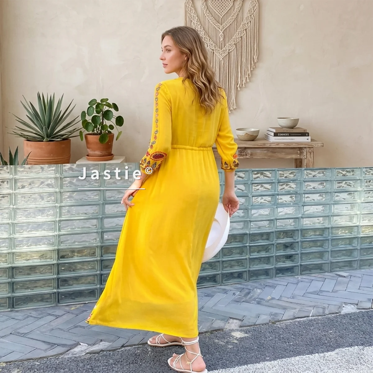 Jastie 2025 Spring Autumn Women Dress Loose Casual Beach Dresses Floral Embroidered Maxi Dress Boho Ruffle Hem Female Vestidos