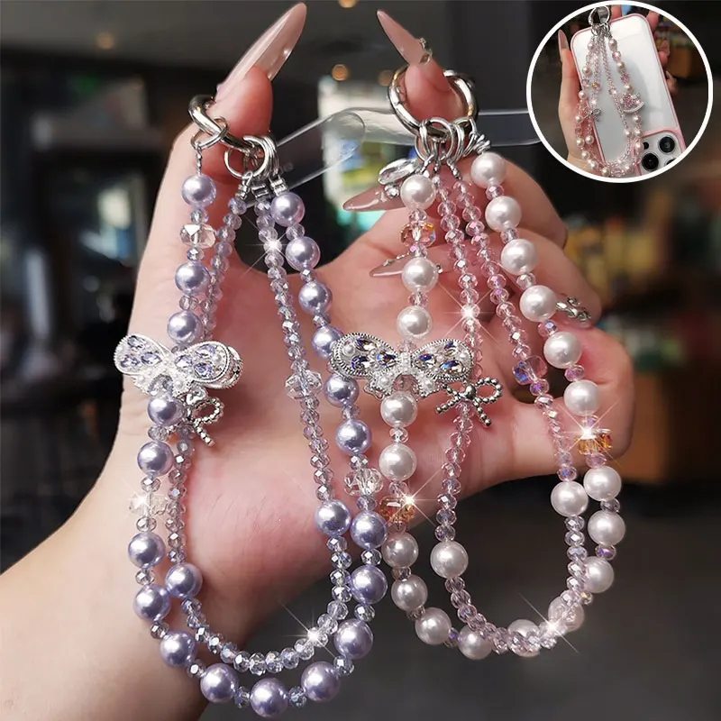 Bracciale da polso con cordino per telefono in cristallo scintillante con catena per telefono con fiocco di lusso e perla per accessori per custodie per telefoni
