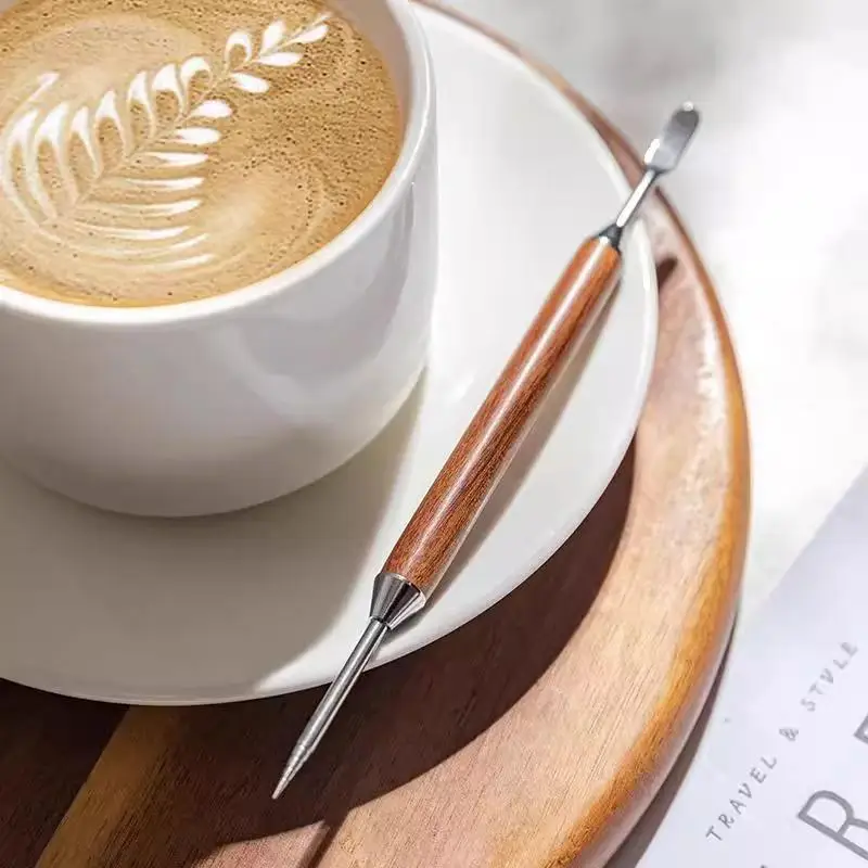 1PCS Coffee Latte Art Needle Stainless Steel Exquisite Professional Crochet Hook Pear Wood Carved Flower Needle Italian Coffee