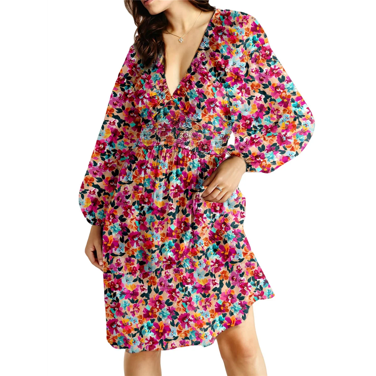 ABP-Vestiti autunnali da donna Boho floreale scollo a V manica lunga smock elastico in vita casual mini abito a trapezio prendisole