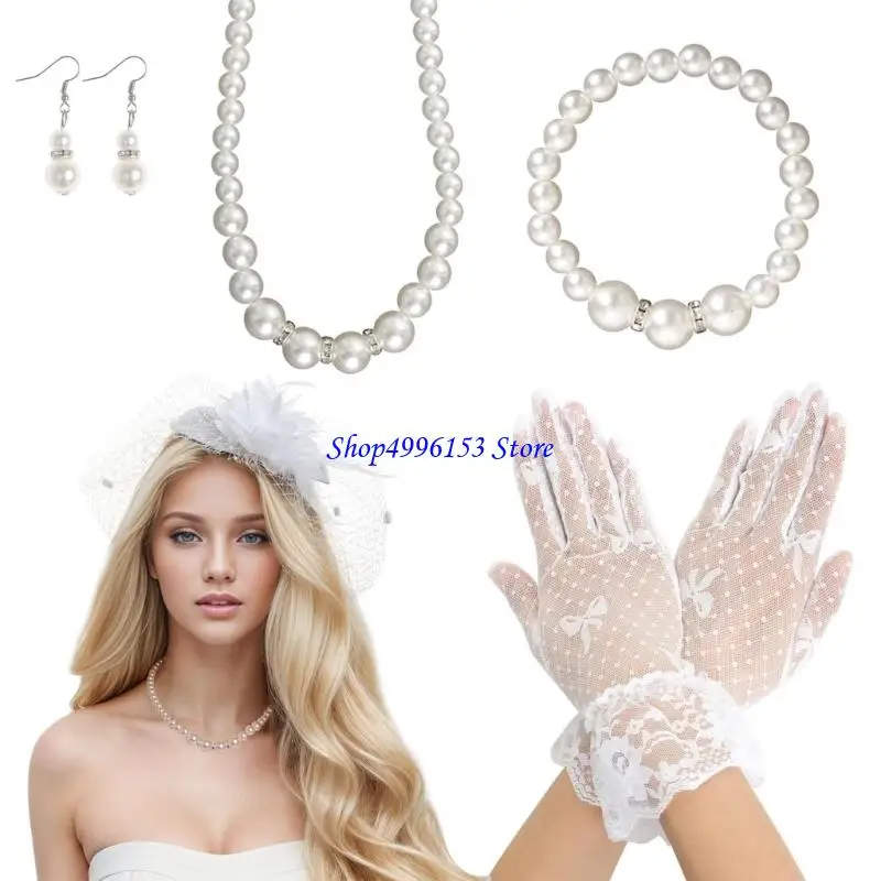 

Q0KE 50s Fascinators Hat for Women Teas Party Accessories with Lace Gloves Pearls Necklace Earrings for Christmas Halloween