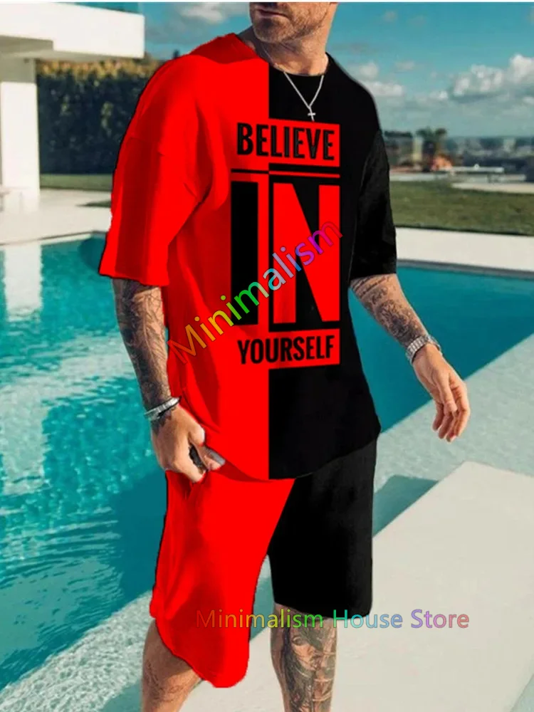 Summer New Men's Tracksuit Believe in Yourself T-shirt+Shorts Set Sport Outfit Jogging Suit Outdoor Streetwear Oversized Clothes