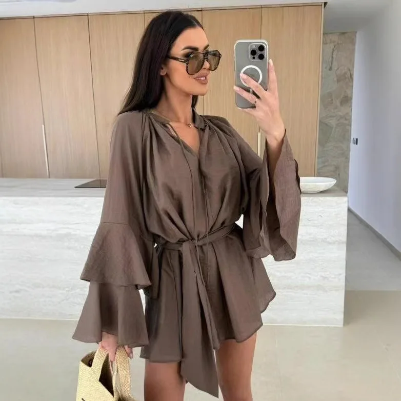 

Spring Autumn New Women's Dresses Fashion Casual V-neck Irregular Ruffle Sleeves Leace-up Short Dress Elegant Lady Vestidos