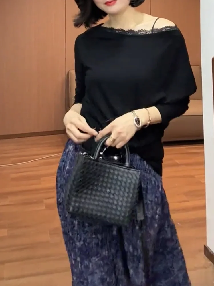 

Корейский кружевной топ с длинным светом на одно плечо, летняя новинка, свободная универсальная женская футболка больших размеров для всего тела pes