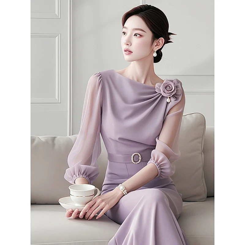 Early Autumn Women\'s 2024 New Style Cool and Relaxed Light Luxury High-end French Purple Three-dimensional Flower Top