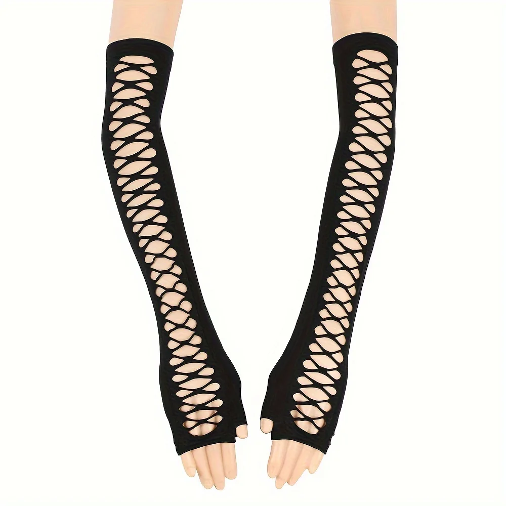 Women Fingerless Gloves Fishnet Hollow Cross Mesh Elastic Arm Warmers Punk Gothic Party Cosplay bar Sexy Lace Gloves Fingerless