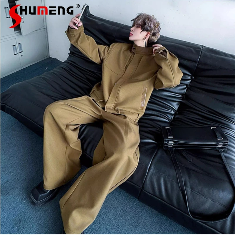 

2025 мужские осенние новые модные куртки из искусственной кожи с воротником-стойкой, пальто, мужские модные широкие длинные брюки, комплекты из двух предметов