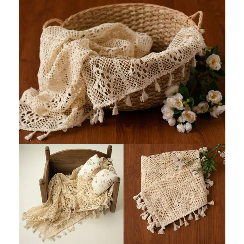 Cotton Vintage Tassel Baby Blanket Newborn Photography Props Hollow Out Blanket Basket Filler Studio Photo Shooting Accessories