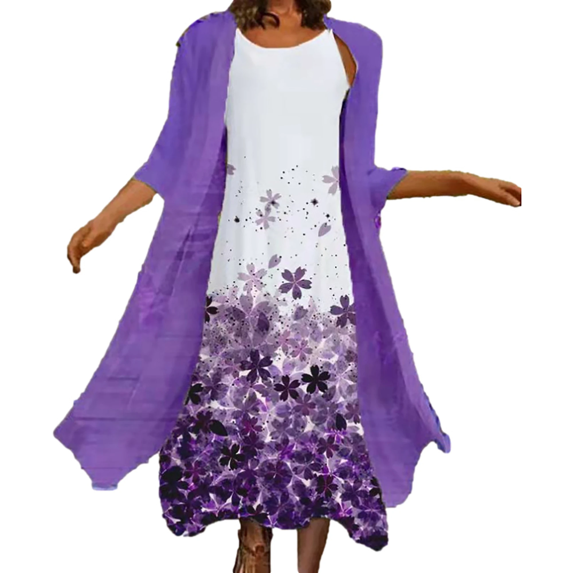 2024 Europe and the United States spring and summer new women\'s two-piece set of printed round neck long skirt chiffon pocket ou