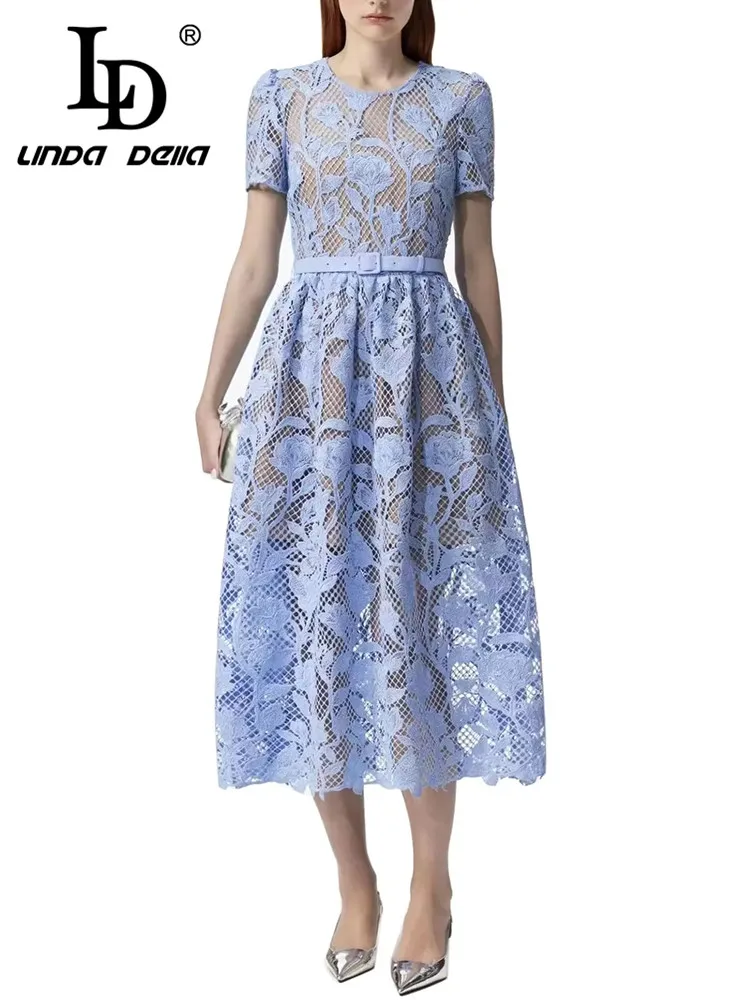 

LD LINDA DELLA Summer lothing free Shipping Dresses Women's Blue Round Neck Embossed hollow Belt lining Lace party Dresses