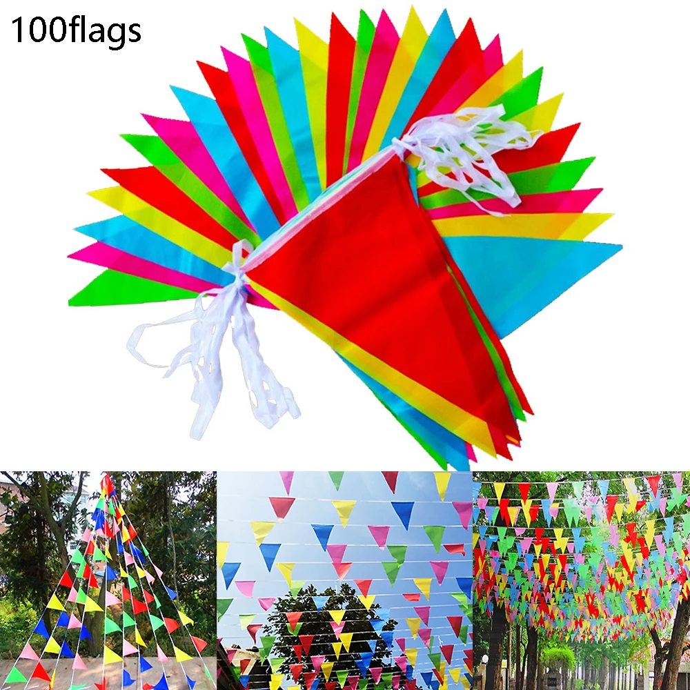 50/100M Multicolored Triangle Flags Bunting Rainbow Pennant Festival Party Banner Triangle Garland for Home Garden Wedding Decor