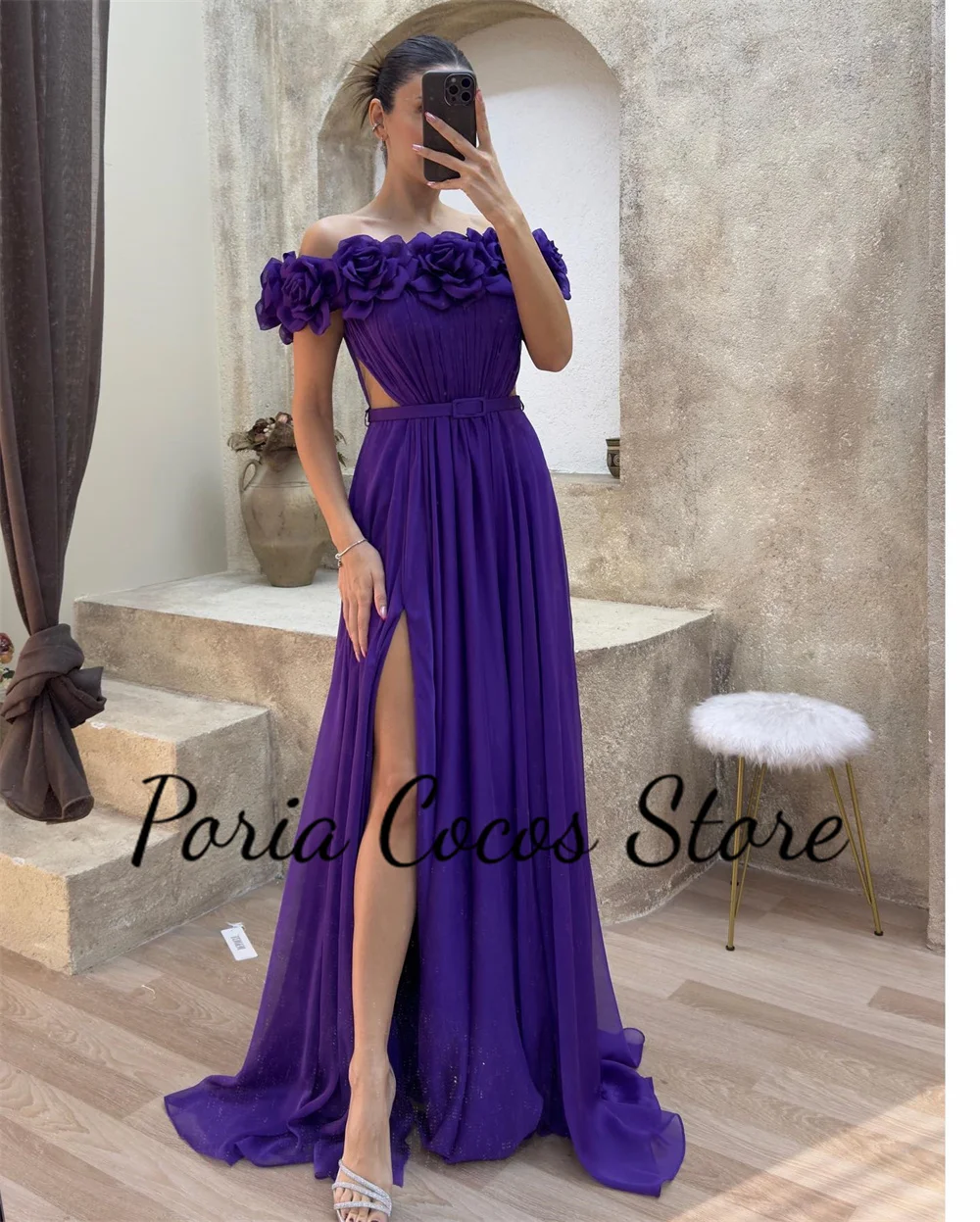 Customized Solid Color Strapless Prom Gown Boat Neck With Belt Pleated A-line Evening Dress Hollow Flower Formal Party Dresses