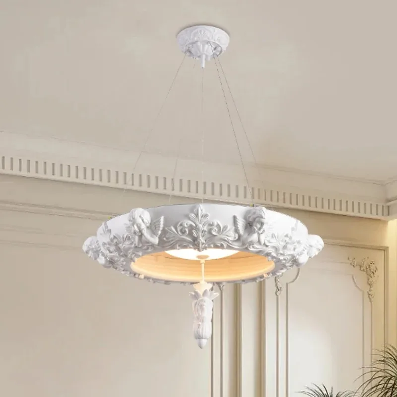 Artistic Carved Plaster Chandelier Led White Resin Gypsum Round lamp Living room Dining room Bedroom French Court hanging Lamp