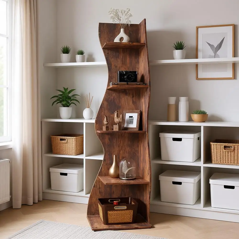 

70-дюймовая этажерка в форме водорослей, 5-ярусные настенные полки для небольших помещений, гостиной, спальни, в деревенском стиле, 1 шт.