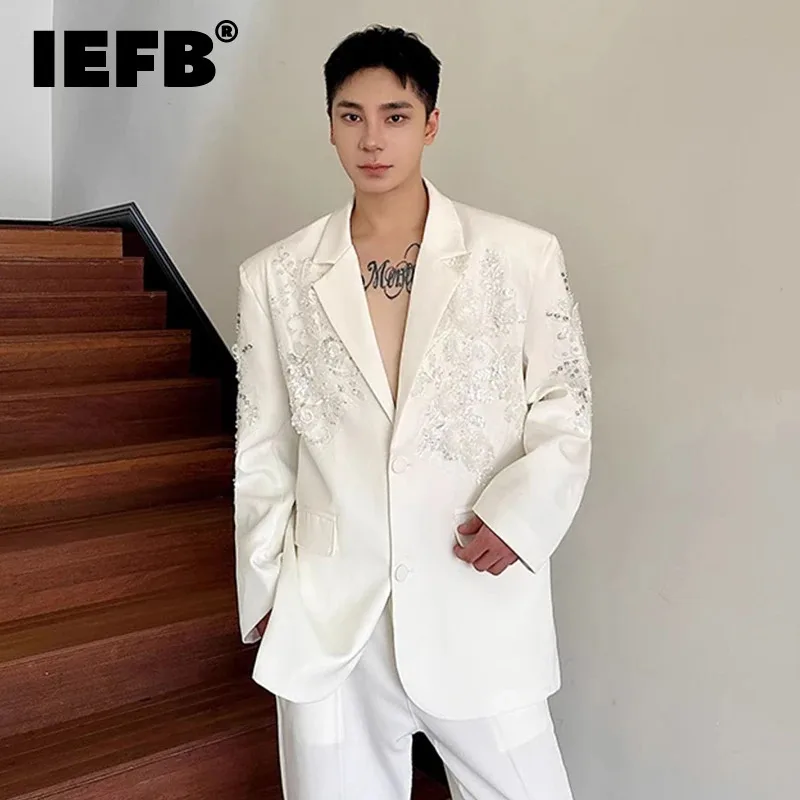 IEFB White Men\'s Blazer New Trendy 2024 Autumn Hhandmade Sequin Embroidered Suit Jacket Single Breasted Men Wear Loose 9C7241