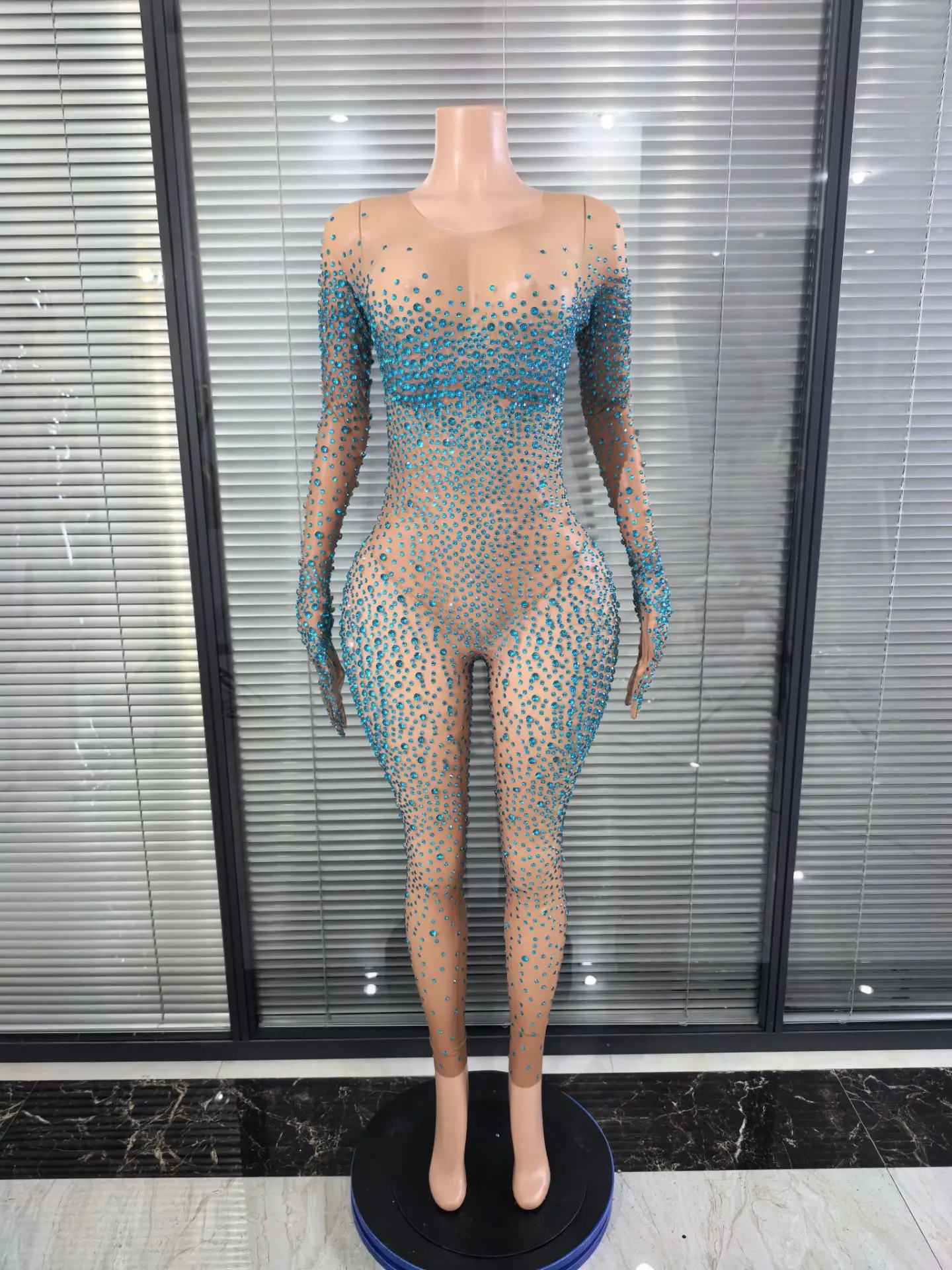 ساطع الراين المرأة طويلة الأكمام مثير شبكة انظر من خلال ثوب بودي كون احتفال ملهى ليلي حزب بار راقصة الزي