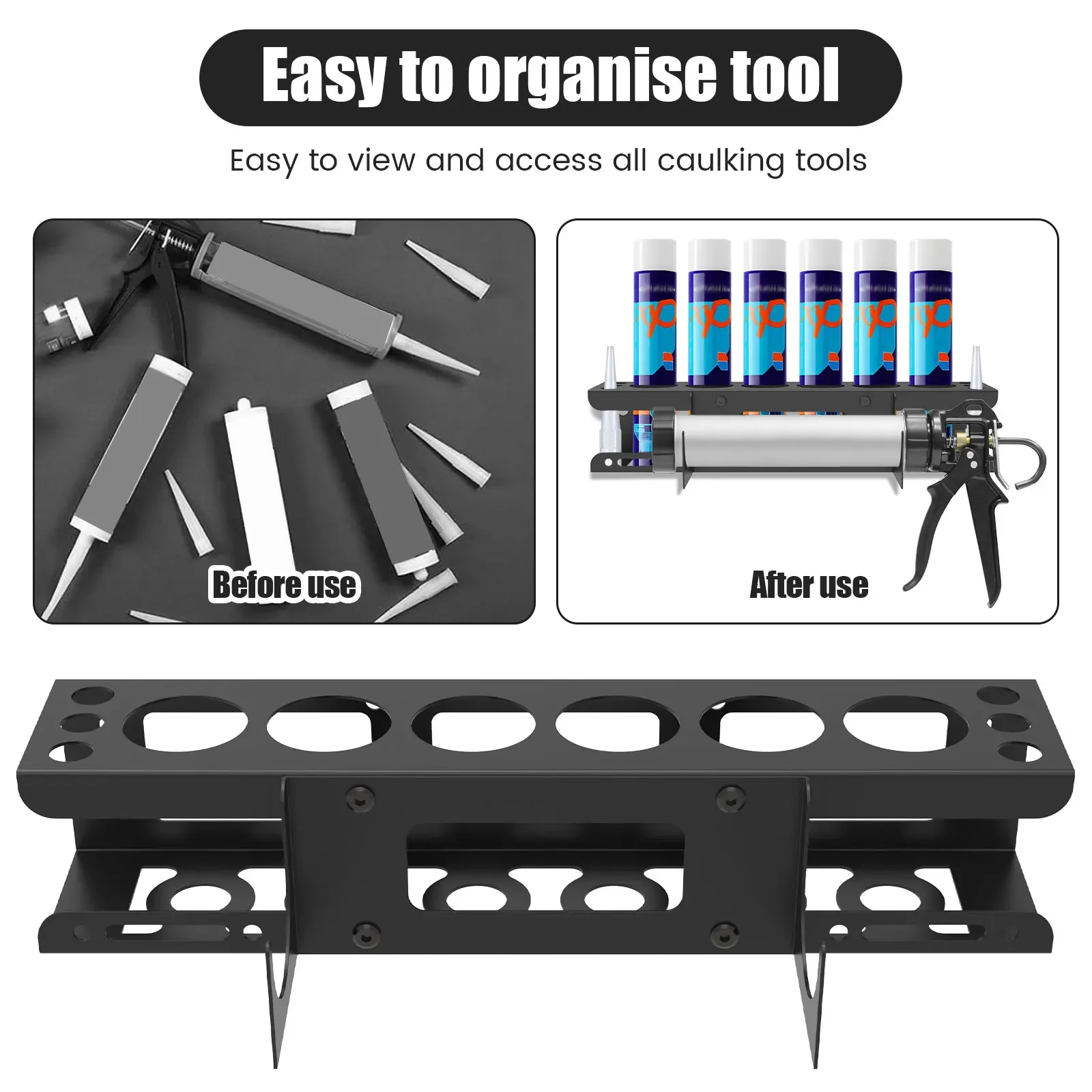 Caulking Tool Organizer Wall Mounted Storage Rack Easy to Install Caulking Tool Storage with 6 Rack Holds for Garage & Workspace