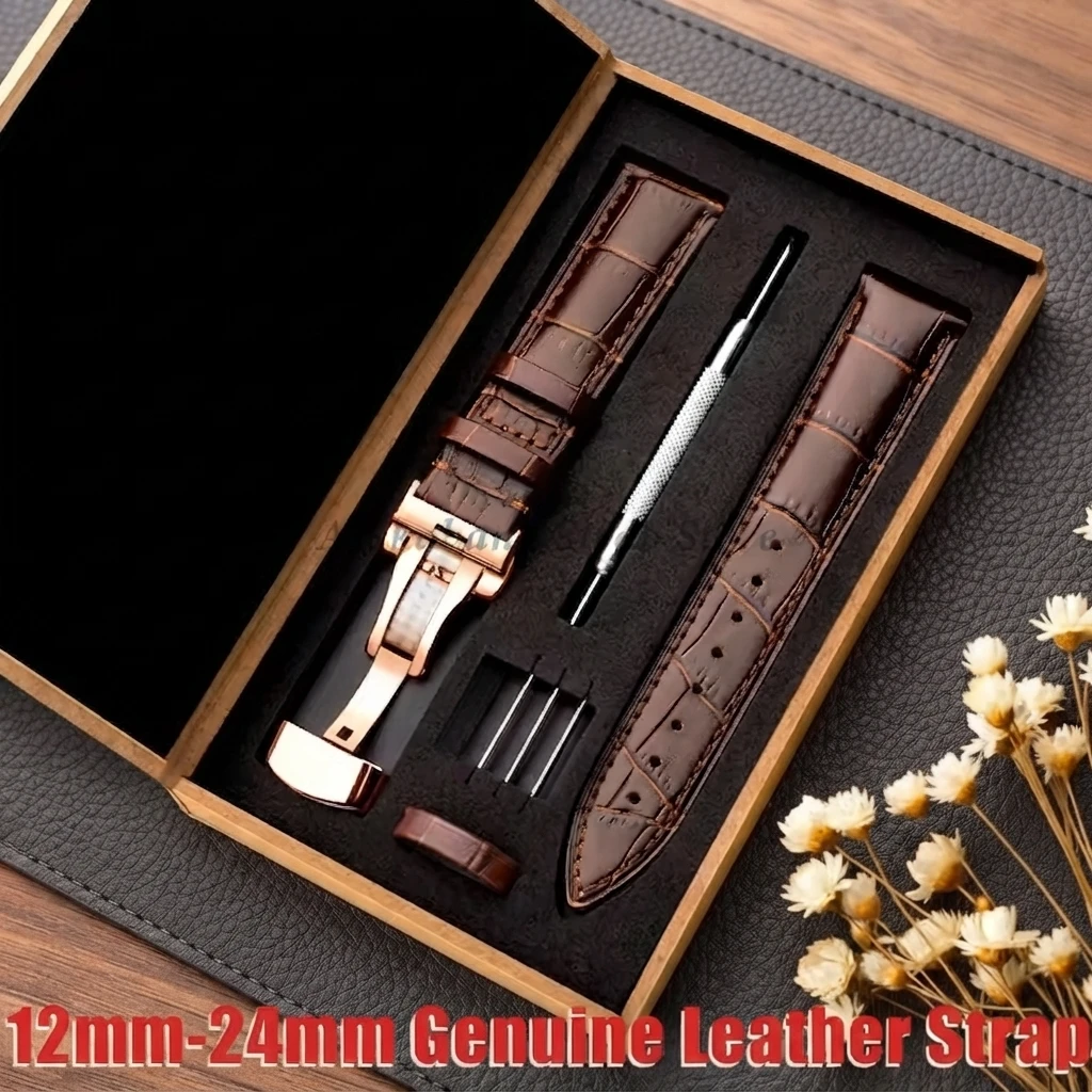 Image of Alligator-Optik Kalbsleder Echtleder Uhrenarmband Schmetterlingsverschluss 12-24MM Mehrere Größen Ersatzarmband Passend für Tissot Seiko Armbanduhren