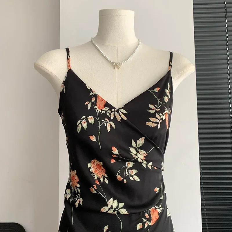 Summer Black Dress Women Spaghetti Strap Vintage Floral Sleeveless Casual Beach Holiday Sexy Backless One Pieces Vestidos Female