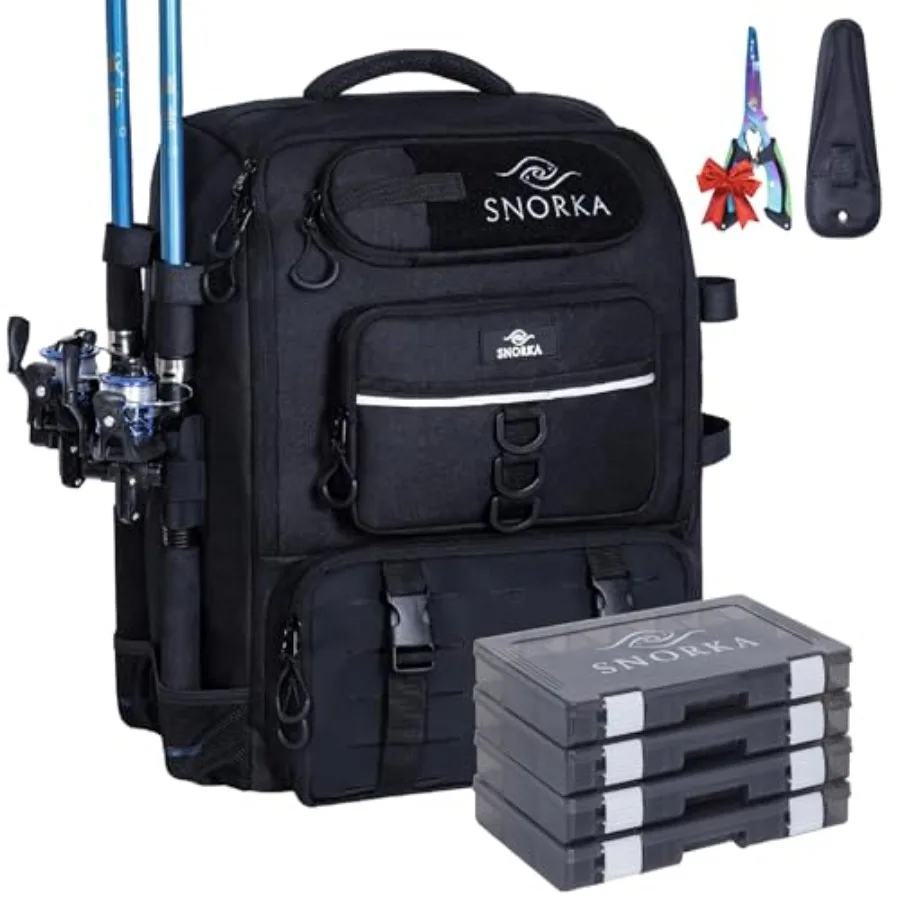 

Fishing Backpack with Tackle Boxes and Rod Holders 40L; Plus Rain Cover Padded Back Support Insulated Front Pocket for Hot/Cold