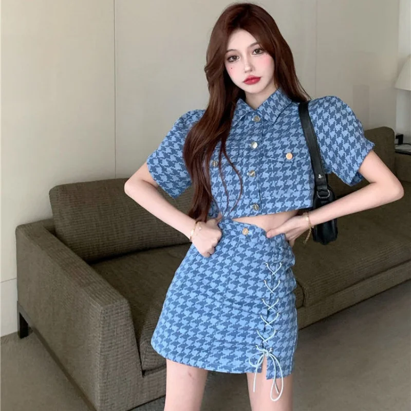 Oversized Age Reducing Set Summer Sweet Cool Spicy Girl Style Thousand Bird Checker Short Top Half Skirt Two Piece Set for Woman