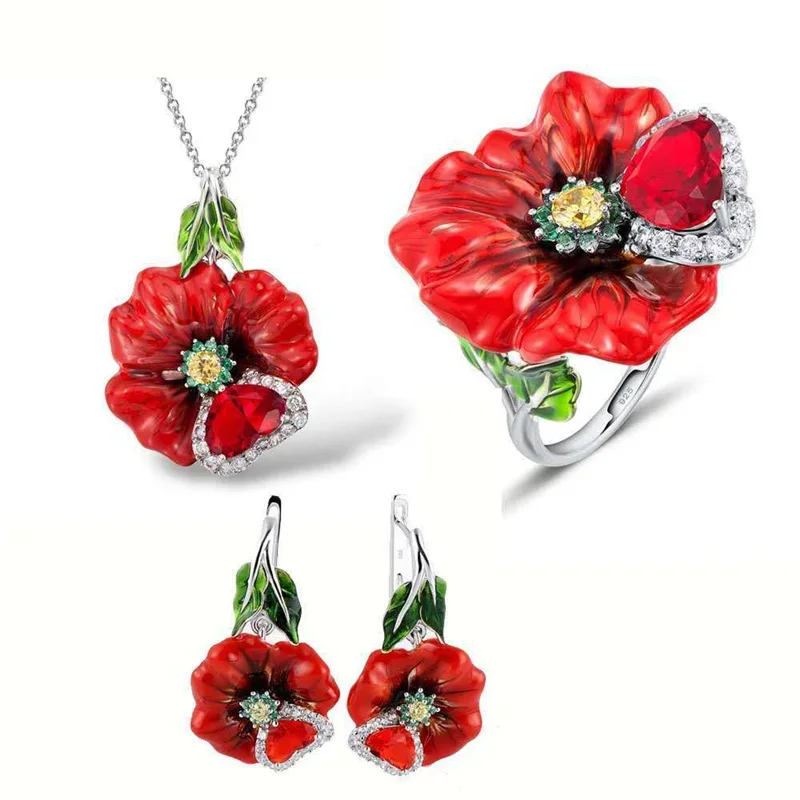 BAOSHINA Red Flower Jewelry Set Series !  Trendy Rose Flower Zircon Earrings Necklace Ring Jewelry Set For Women Wedding Jewelry