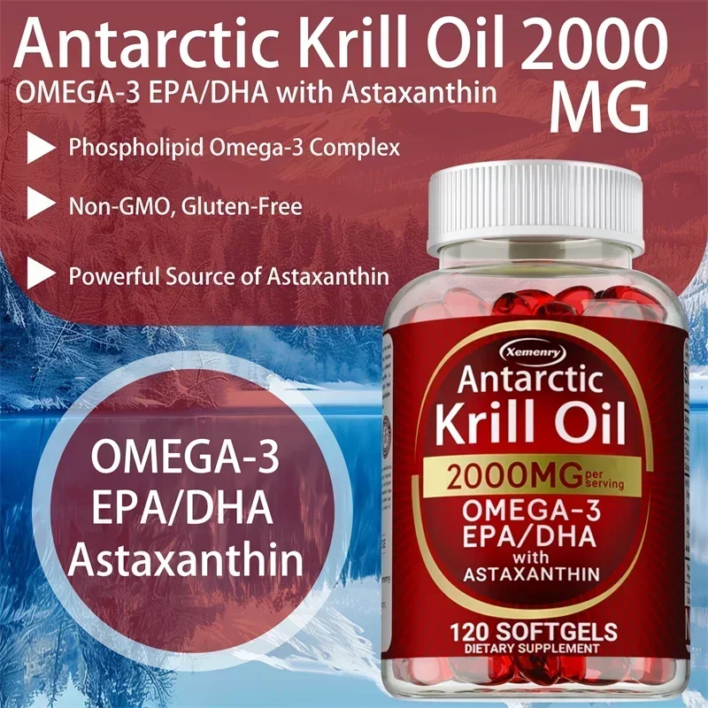 Antarctic Krill Oil Capsules - with Omega 3,EPA, DHA,Supports Bone, Heart, Brain, Joint & Skin Health, Boosts Immunity